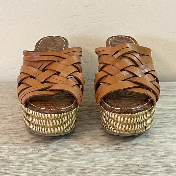 Sam Edelman Sandals Devon 6.5 Tan Leather Woven Platform Wedge Slides - Picture 4 of 12